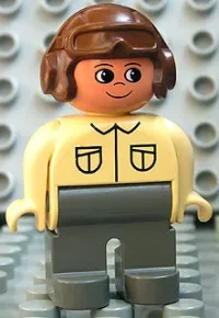 LEGO Duplo Figure, Male, Dark Gray Legs, Tan Top, Brown Aviator Helmet minifigure