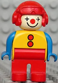 LEGO Duplo Figure, Male Clown, Red Legs, Yellow Top with 2 Buttons, Blue Arms, Red Aviator Helmet minifigure
