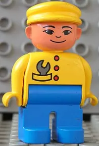 LEGO Duplo Figure, Male, Blue Legs, Yellow Top with Wrench in Pocket, Yellow Cap, Asian Eyes minifigure