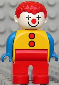 LEGO Duplo Figure, Male Clown, Red Legs, Yellow Top with 2 Buttons, Blue Arms, Red Hair Curly minifigure