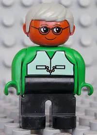 LEGO Duplo Figure, Male, Black Legs, Green Top with Vest, Brown Head, Gray Hair, Glasses minifigure