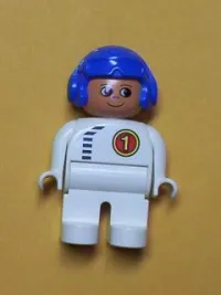 LEGO Duplo Figure, Male, White Legs, White Top with Black Zipper and Racer #1, Blue Aviator Helmet minifigure