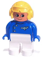 LEGO Duplo Figure, Male, White Legs, Blue Top with Plane Logo, Yellow Aviator Helmet, Turned Up Nose minifigure