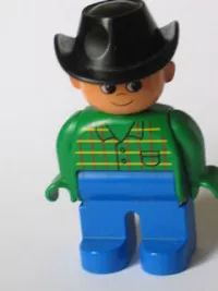 LEGO Duplo Figure, Male, Blue Legs, Green Top with Pocket, Black Cowboy Hat minifigure