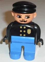 LEGO Duplo Figure, Male Police, Blue Legs, Black Top with Gold Badge, Black Hat, Turned Down Nose and Elliptical Eyes minifigure