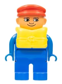 LEGO Duplo Figure, Male, Blue Legs, Blue Top, Life Jacket, Red Cap, with White in Eyes pattern minifigure