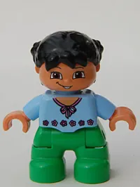 LEGO Duplo Figure Lego Ville, Child Girl, Bright Green Legs, Light Blue Top with Red Flowers, Black Hair minifigure
