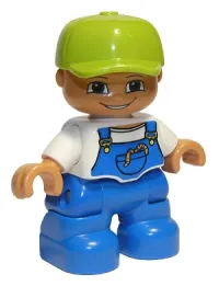 LEGO Duplo Figure Lego Ville, Child Boy, Blue Legs, White Top with Blue Overalls, Worms in Pocket, Lime Cap minifigure