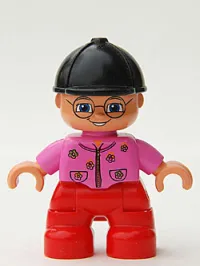 LEGO Duplo Figure Lego Ville, Child Girl, Red Legs, Dark Pink Top With Flowers, Black Riding Helmet, Glasses minifigure