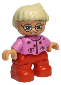 LEGO Duplo Figure Lego Ville, Child Girl, Red Legs, Dark Pink Top With Flowers, Light Blond Hair With Ponytail, Glasses minifigure