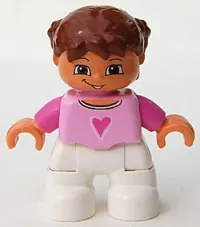LEGO Duplo Figure Lego Ville, Child Girl, White Legs, Bright Pink Top, Dark Pink Arms, Reddish Brown Hair with Braids minifigure