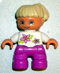 LEGO Duplo Figure Lego Ville, Child Girl, Magenta Legs, White Top with Two Flowers, White Arms, Tan Hair minifigure