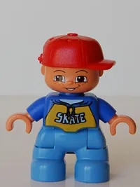 LEGO Duplo Figure Lego Ville, Child Boy, Medium Blue Legs, Blue Top with 'SKATE' Pattern, Red Cap, Freckles minifigure