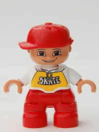 LEGO Duplo Figure Lego Ville, Child Boy, Red Legs, White Top with 'SKATE' Pattern, Red Cap minifigure