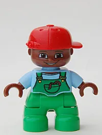 LEGO Duplo Figure Lego Ville, Child Boy, Bright Green Legs, Bright Light Blue Top with Bright Green Overalls with Worms in Pocket, Brown Head, Red Cap minifigure