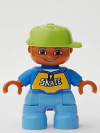 LEGO Duplo Figure Lego Ville, Child Boy, Medium Blue Legs, Blue Top with 'SKATE' Text Pattern, Lime Cap minifigure