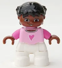 LEGO Duplo Figure Lego Ville, Child Girl, White Legs, Bright Pink Top, Dark Pink Arms, Brown Head, Black Hair with Braids minifigure