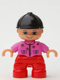 LEGO Duplo Figure Lego Ville, Child Girl, Red Legs, Dark Pink Top with Flowers, Black Riding Helmet minifigure