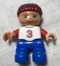 LEGO Duplo Figure Lego Ville, Child Boy, Blue Legs, White Top with Red '3' Pattern, Dark Red Hair minifigure