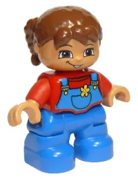LEGO Duplo Figure Lego Ville, Child Girl, Blue Legs Overalls with Yellow Flower in Pocket, Red Top, Reddish Brown Hair, Brown Eyes minifigure