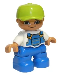 LEGO Duplo Figure Lego Ville, Child Boy, Blue Legs, White Top with Blue Overalls, Lime Cap, Freckles minifigure