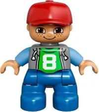 LEGO Duplo Figure Lego Ville, Child Boy, Blue Legs, Light Bluish Gray Top with Number 8, Medium Blue Arms, Red Cap, Freckles minifigure