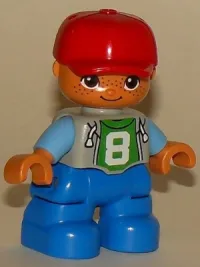 LEGO Duplo Figure Lego Ville, Child Boy, Blue Legs, Light Bluish Gray Top with Number 8, Medium Blue Arms, Red Cap, Freckles, Oval Eyes minifigure