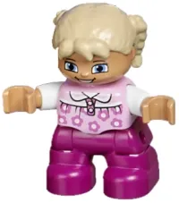 LEGO Duplo Figure Lego Ville, Child Girl, Magenta Legs, Bright Pink Top with Flowers, White Arms, Tan Hair with Braids minifigure