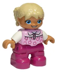 LEGO Duplo Figure Lego Ville, Child Girl, Magenta Legs, Bright Pink Top with Flowers, White Arms, Tan Hair with Braids, Oval Eyes minifigure