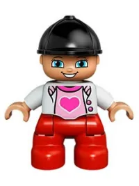 LEGO Duplo Figure Lego Ville, Child Girl, Red Legs, White Top with Heart, Black Riding Helmet minifigure