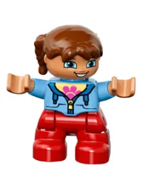 LEGO Duplo Figure Lego Ville, Child Girl, Red Legs, Medium Blue Jacket over Shirt with Flower, Reddish Brown Pigtails minifigure