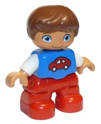 LEGO Duplo Figure Lego Ville, Child Boy, Red Legs, Blue Top with Red Car Pattern, Reddish Brown Hair minifigure