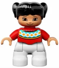 LEGO Duplo Figure Lego Ville, Child Girl, White Legs, Red Fair Isle Sweater with Orange Diamonds, Brown Eyes with Cheeks Outline, Black Pigtails minifigure