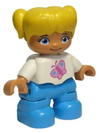 LEGO Duplo Figure Lego Ville, Child Girl, Dark Azure Legs, White Top with Pink Butterfly, Yellow Hair with Pigtails minifigure