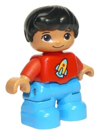 LEGO Duplo Figure Lego Ville, Child Boy, Dark Azure Legs, Red Top with Space Rocket Ship, Black Hair minifigure
