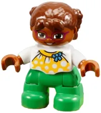 LEGO Duplo Figure Lego Ville, Child Girl, Bright Green Legs, White Top with Yellow Pattern and Blue Bow, Brown Hair, Brown Head, Magenta Glasses minifigure