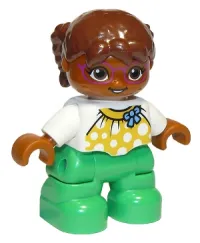 LEGO Duplo Figure Lego Ville, Child Girl, Bright Green Legs, White Top with Yellow Pattern and Blue Bow, Brown Hair, Brown Head, Magenta Glasses, Oval Eyes minifigure