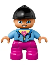 LEGO Duplo Figure Lego Ville, Child Girl, Dark Pink Legs, Medium Blue Jacket with Flower Top, Black Riding Helmet minifigure
