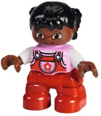 LEGO Duplo Figure Lego Ville, Child Girl, Red Legs, Bright Pink Top with Flower on Pocket, White Arms, Black Hair Pigtails with Uneven Bangs minifigure