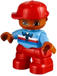 LEGO Duplo Figure Lego Ville, Child Boy, Red Legs, Medium Blue Top with Zipper and Blue, Red and White Stripes, Red Cap minifigure