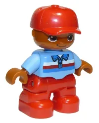LEGO Duplo Figure Lego Ville, Child Boy, Red Legs, Medium Blue Top with Zipper and Blue, Red and White Stripes, Red Cap, Oval Eyes minifigure