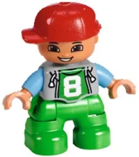 LEGO Duplo Figure Lego Ville, Child Boy, Bright Green Legs, Light Bluish Gray Top with '8' Pattern, Medium Blue Arms, Red Cap minifigure