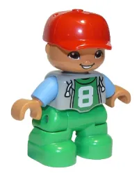 LEGO Duplo Figure Lego Ville, Child Boy, Bright Green Legs, Light Bluish Gray Top with '8' Pattern, Medium Blue Arms, Red Cap, Oval Eyes minifigure