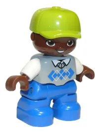 LEGO Duplo Figure Lego Ville, Child Boy, Blue Legs, Light Bluish Gray Argyle Sweater Vest, White Arms, Lime Cap, Oval Eyes minifigure