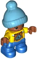 LEGO Duplo Figure Lego Ville, Child Boy, Blue Legs, Yellow Top, Medium Azure Bobble Cap minifigure