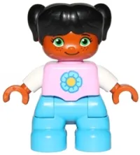 LEGO Duplo Figure Lego Ville, Child Girl, Dark Azure Legs, Bright Pink Top with Yellow and Dark Azure Flower, Black Hair with Pigtails minifigure