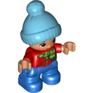 LEGO Duplo Figure Lego Ville, Child Boy, Blue Legs, Red Top with Scarf and Zipper Pattern, Freckles, Brown Eyes, Medium Azure Bobble Cap minifigure