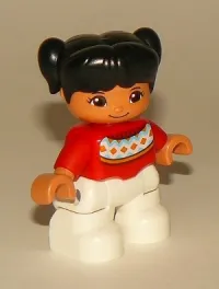 LEGO Duplo Figure Lego Ville, Child Girl, White Legs, Red Fair Isle Sweater with Orange Diamonds, Brown Oval Eyes, Black Pigtails minifigure