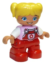 LEGO Duplo Figure Lego Ville, Child Girl, Red Legs, Bright Pink Top with Flower on Pocket, White Arms, Yellow Hair minifigure