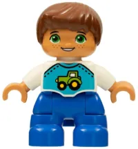 LEGO Duplo Figure Lego Ville, Child Boy, Blue Legs, White Top with Tractor Pattern, Reddish Brown Hair minifigure